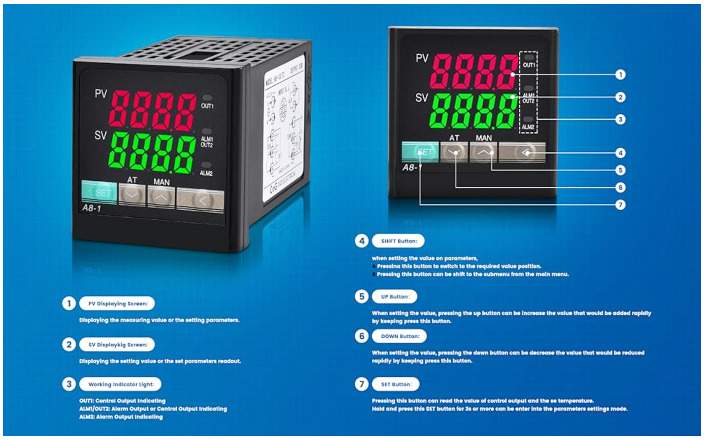 PID Temperature Controller Kit AC Voltage 100~240V Comes with SSR 40DA solid state relay, K type thermocouple sensor and black or silver heat sink.