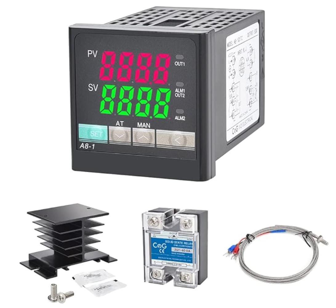 PID Temperature Controller Kit AC Voltage 100~240V Comes with SSR 40DA solid state relay, K type thermocouple sensor and black or silver heat sink.