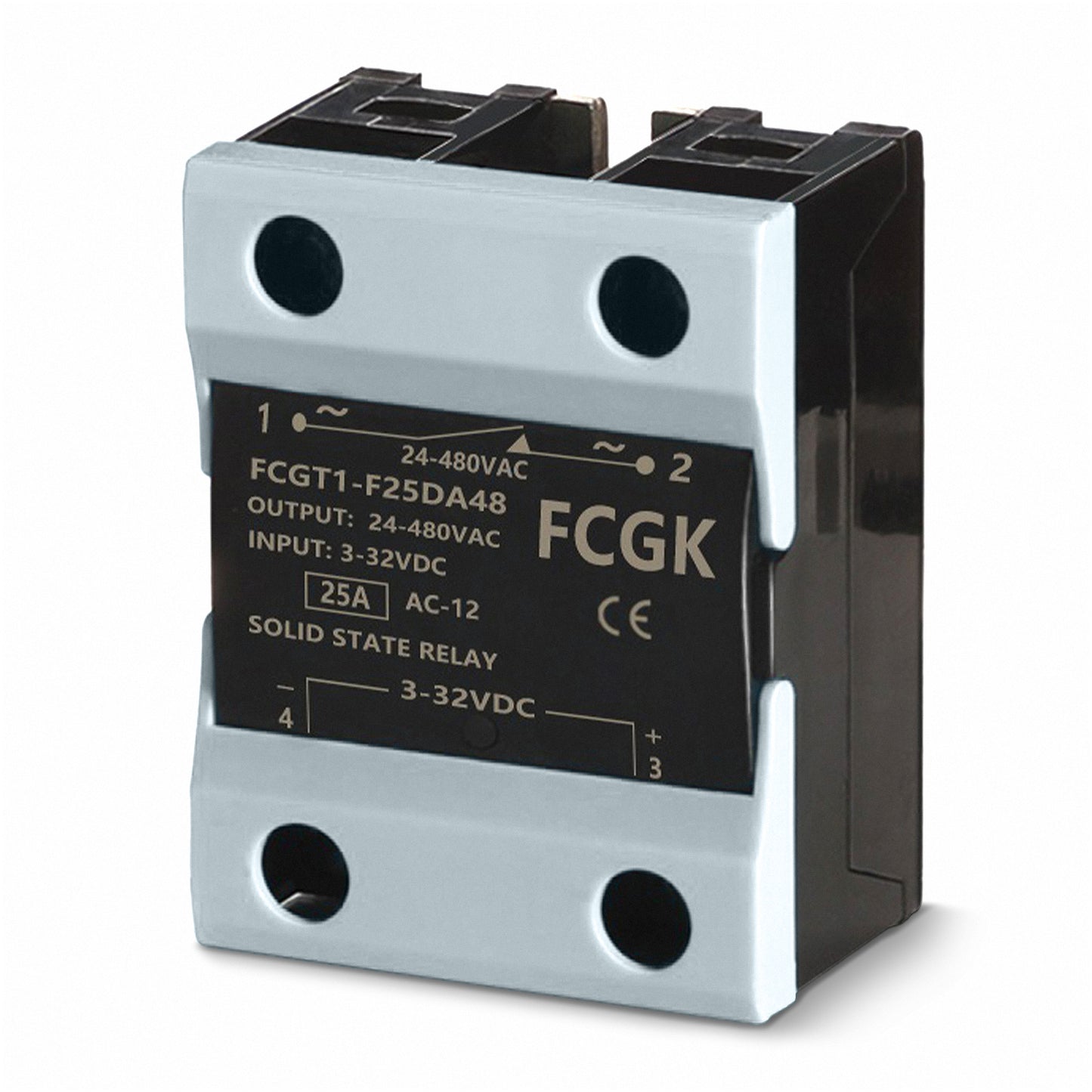 FCGK Solid State Relay SSR-25DA DC to AC Input 3-32VDC to Output 24-480VAC 25A Single Phase Plastic Cover