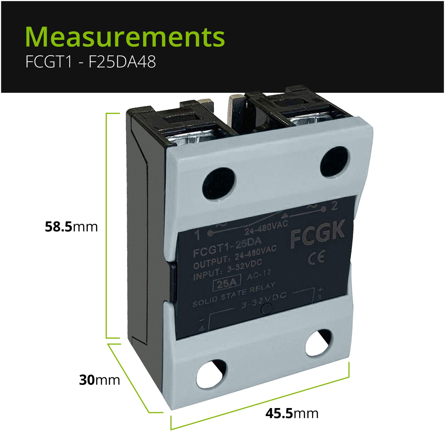 FCGK Solid State Relay SSR-25DA DC to AC Input 3-32VDC to Output 24-480VAC 25A Single Phase Plastic Cover