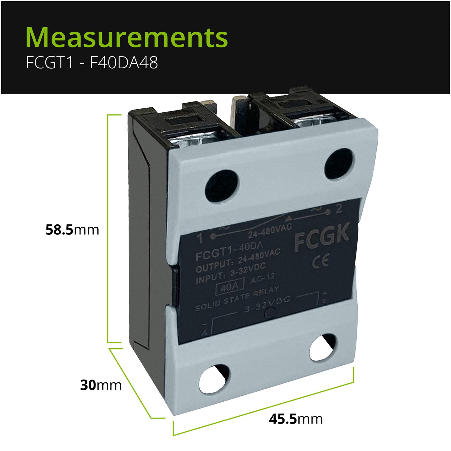FCGK Solid State Relay SSR-40DA DC to AC Input 3-32VDC to Output 24-480VAC 40A Single Phase Plastic Cover