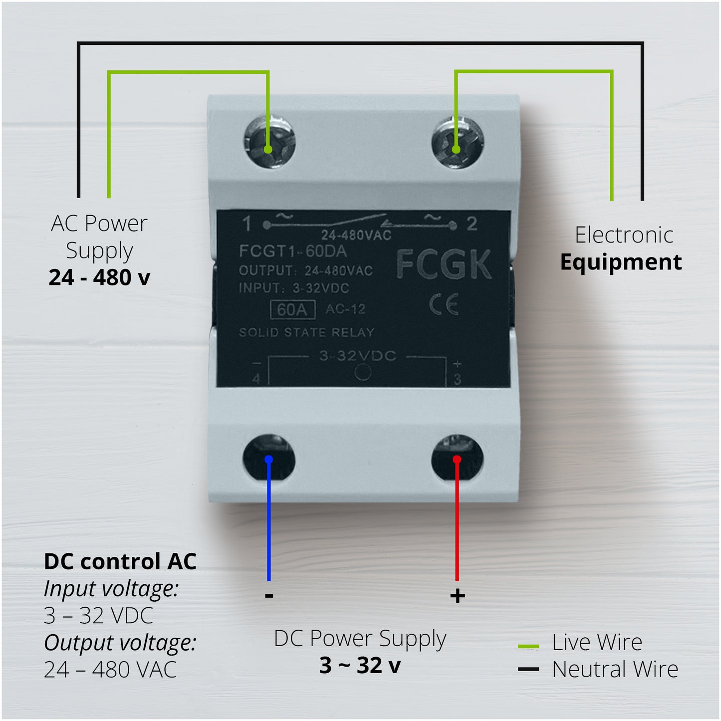 FCGK Solid State Relay SSR-60DA DC to AC Input 3-32VDC to Output 24-480VAC 60A Single Phase Plastic Cover
