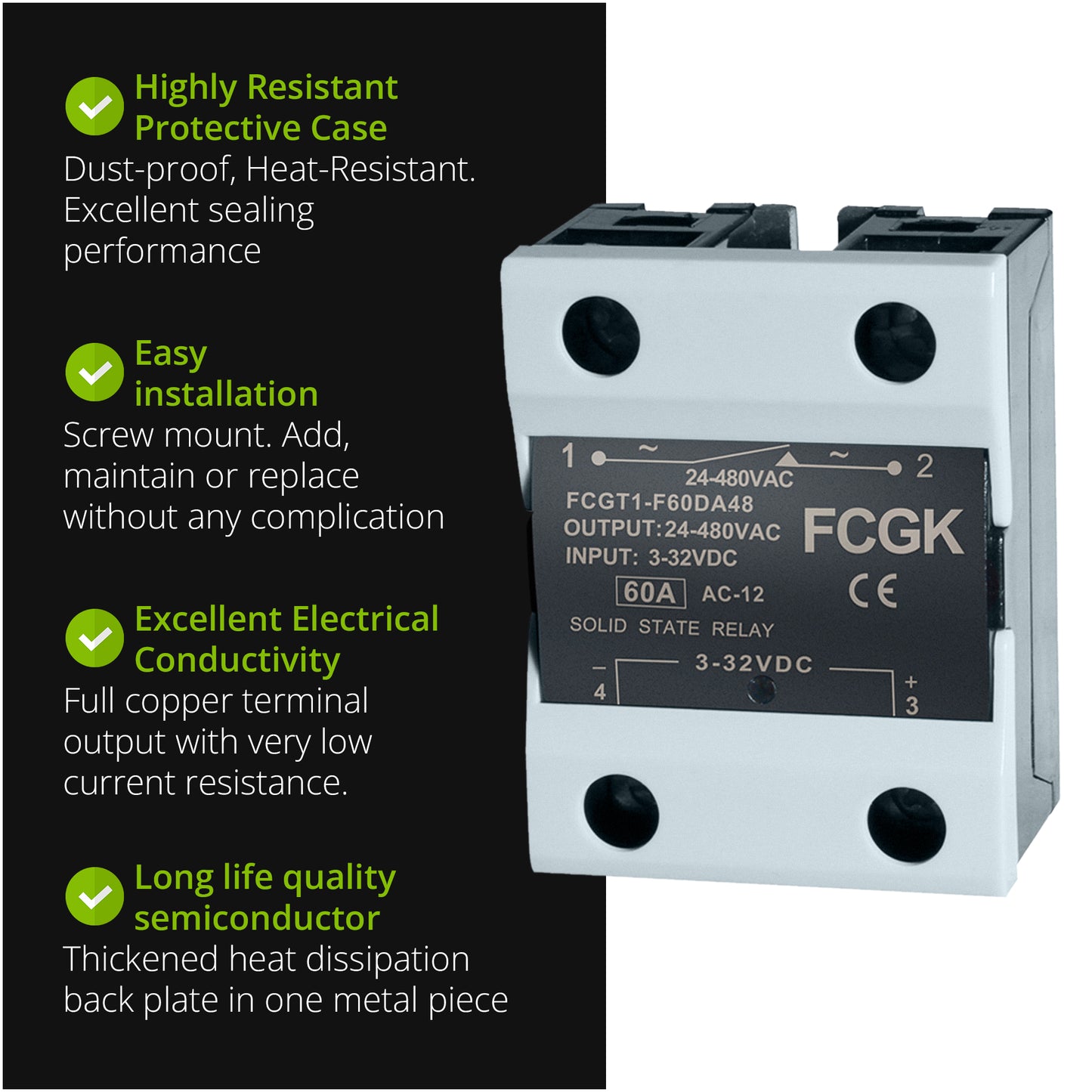 FCGK Solid State Relay SSR-60DA DC to AC Input 3-32VDC to Output 24-480VAC 60A Single Phase Plastic Cover