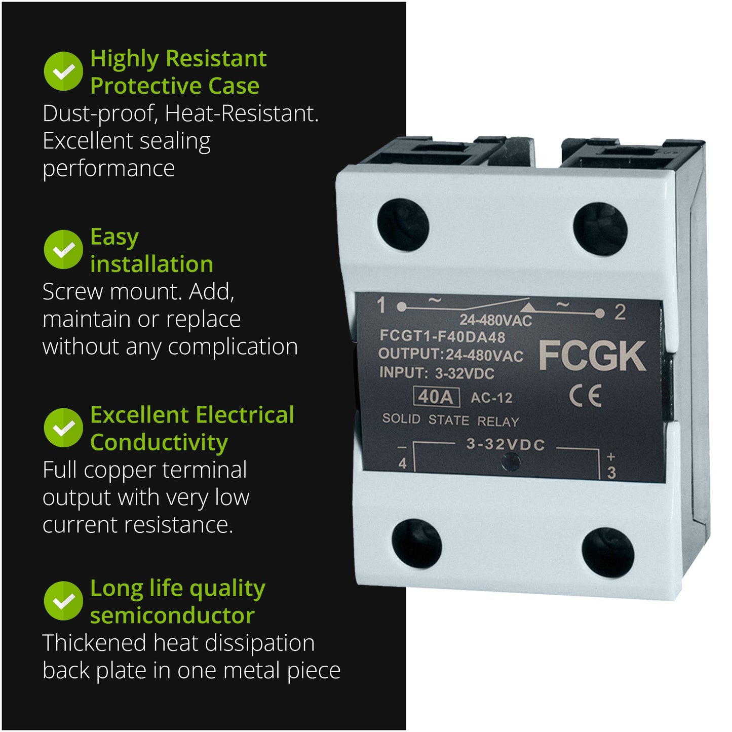 Solid State Relay FCGK SSR - 40DA DC to AC Input 3 - 32VDC to Output 24 - 480VAC 40A Single Phase Plastic Cover - Sumiempaques Corp.