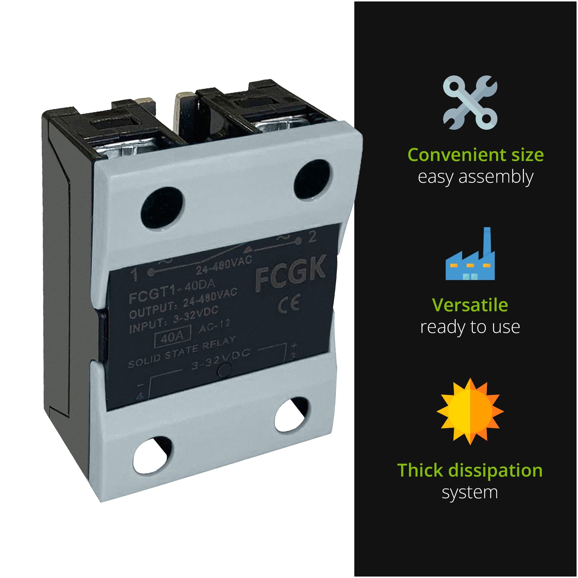 Solid State Relay FCGK SSR - 40DA DC to AC Input 3 - 32VDC to Output 24 - 480VAC 40A Single Phase Plastic Cover - Sumiempaques Corp.